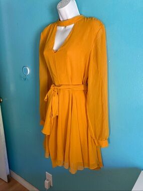 Australian Label TY-LR Marigold Yellow Choker Neck Mini Dress Size L Bishop Slv